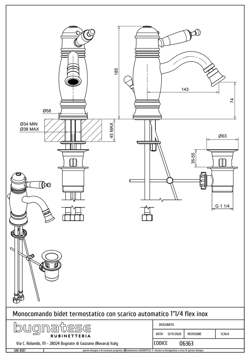 Technical Drawing for Bugnatese, Oxford Klasszikus, Termosztátos bidet csaptelep leeresztővel – Fürdő – 6363