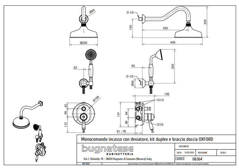 Technical Drawing for Bugnatese, Oxford Klasszikus, Termosztátos fal alatti esőztető rendszer kézizuhannyal - Fürdő – 6364