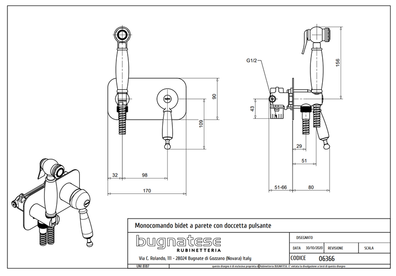 Technical Drawing for Bugnatese, Oxford Klasszikus,  Fal alatti bidet csaptelep zuhanyszettel  – Fürdő – 6366