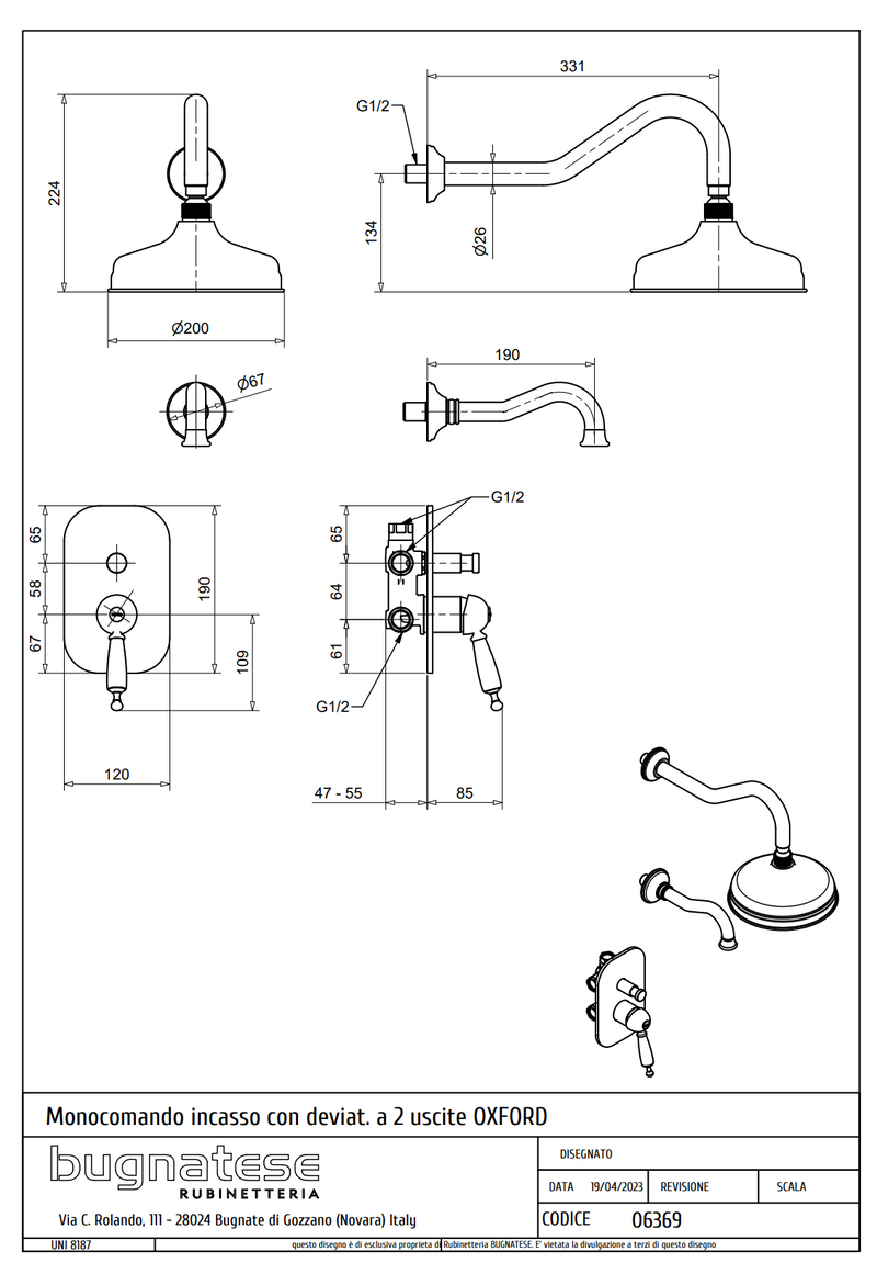 Technical Drawing for Bugnatese, Oxford Klasszikus, Fal alatti esőztető kádkifolyóval – Fürdő – 6369