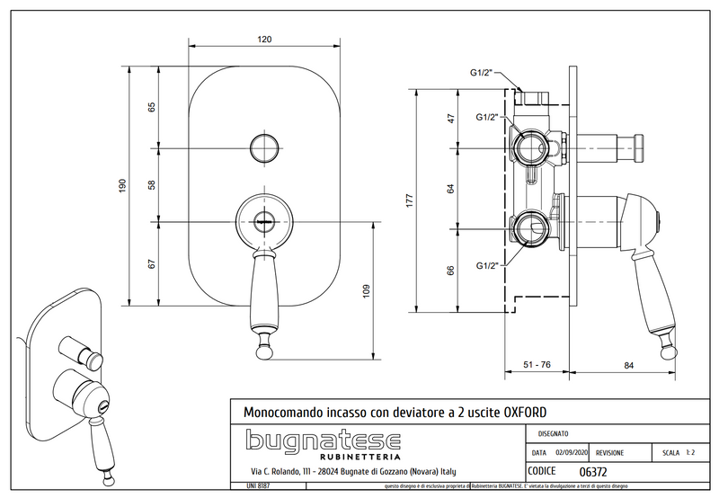 Technical Drawing for Bugnatese, Oxford Klasszikus, Fal alatti váltós csaptelep– Fürdő – 6372