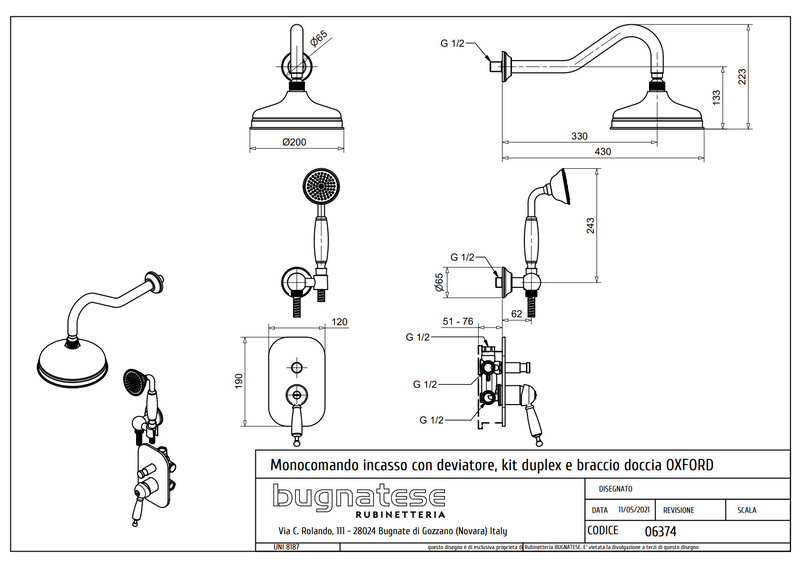 Technical Drawing for Bugnatese, Oxford Klasszikus, Fal alatti esőztetőrendszer esőztetőfejjel és kézi zuhanyszettel _ Fürdő – 6374