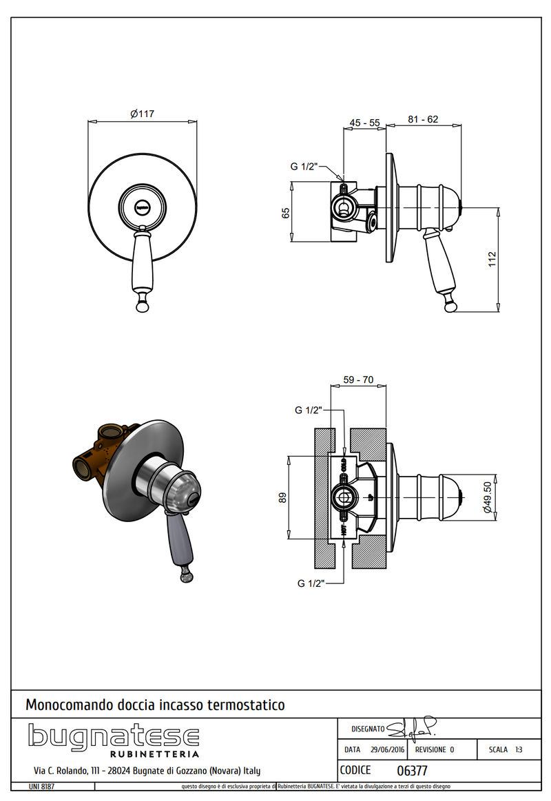 Technical Drawing for Bugnatese, Oxford Klasszikus, Termosztátos fal alatti zuhanycsaptelep– Fürdő – 6377