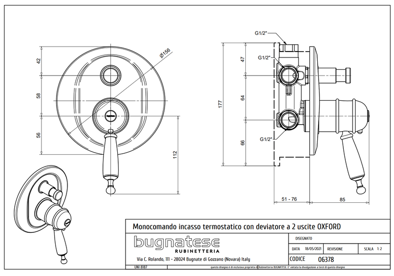Technical Drawing for Bugnatese, Oxford Klasszikus, Termosztátos fal alatti váltós zuhanycsaptelep – Fürdő – 6378