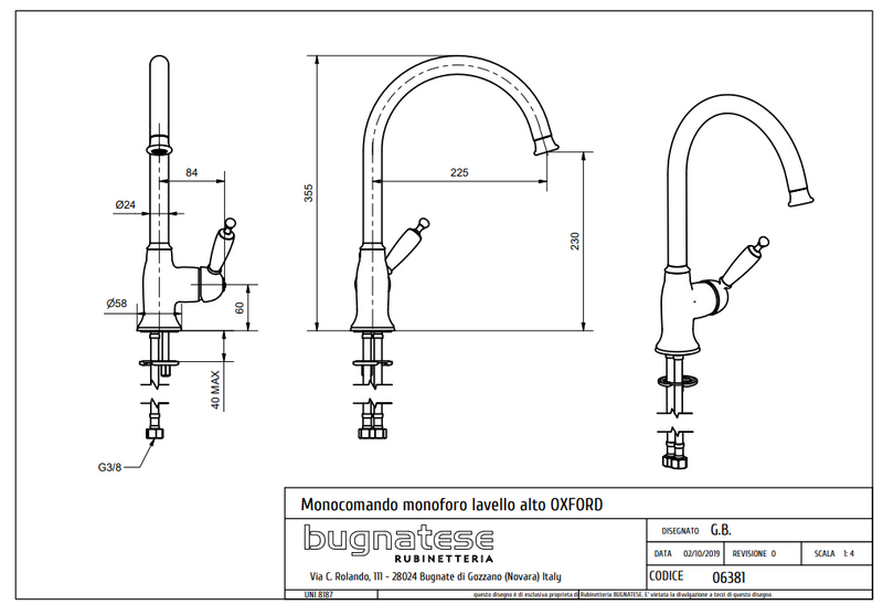 Technical Drawing for Bugnatese, Oxford,Klasszikus, Álló konyhai csaptelep leeresztővel – Konyha – 6381