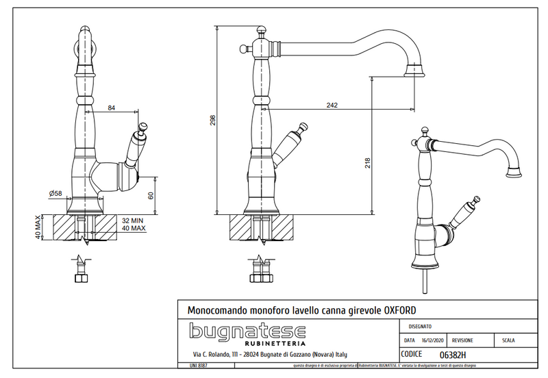 Technical Drawing for Bugnatese, Oxford,Klasszikus, Álló konyhai csaptelep leeresztő nélkül – Konyha – 6382H