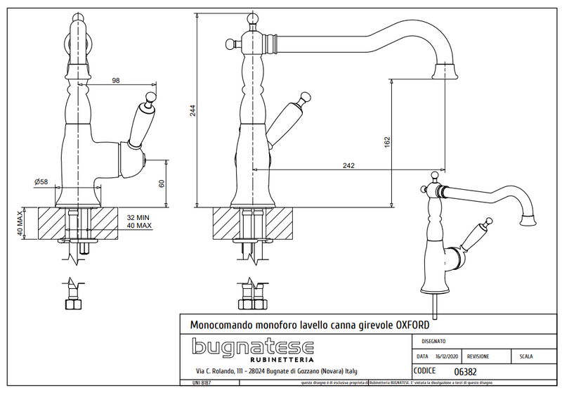 Technical Drawing for Bugnatese, Oxford,Klasszikus, Álló konyhai csaptelep leeresztővel – Konyha – 6382