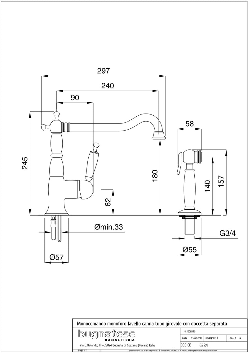 Technical Drawing for Bugnatese, Oxford , Álló mosogatócsaptelep kihúzható zuhanyfejes szettel – Konyha – 6384