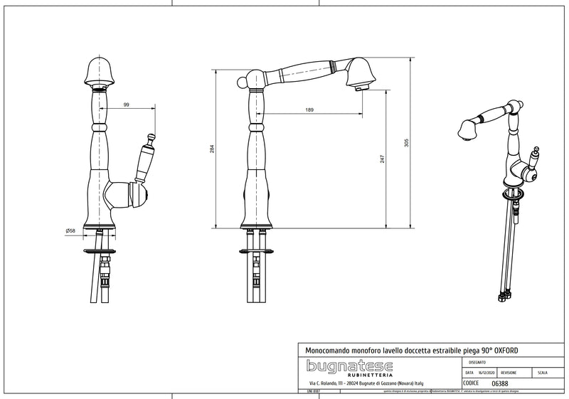 Technical Drawing for Bugnatese, Oxford , Kihúzható zuhanyfejes mosogatócsaptelep tört kifolyóval – Konyha – 6388