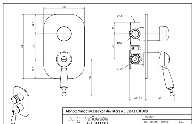 Technical Drawing for Bugnatese, Oxford Klasszikus, Fal alatti váltós csaptelep– Fürdő – 6392