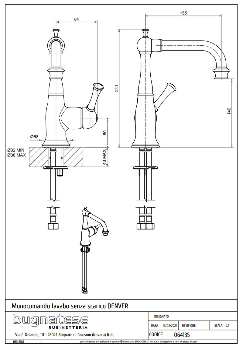 Technical Drawing for Bugnatese, Denver, Mosdócsaptelep leeresztő nélkül – Fürdő – 6413S