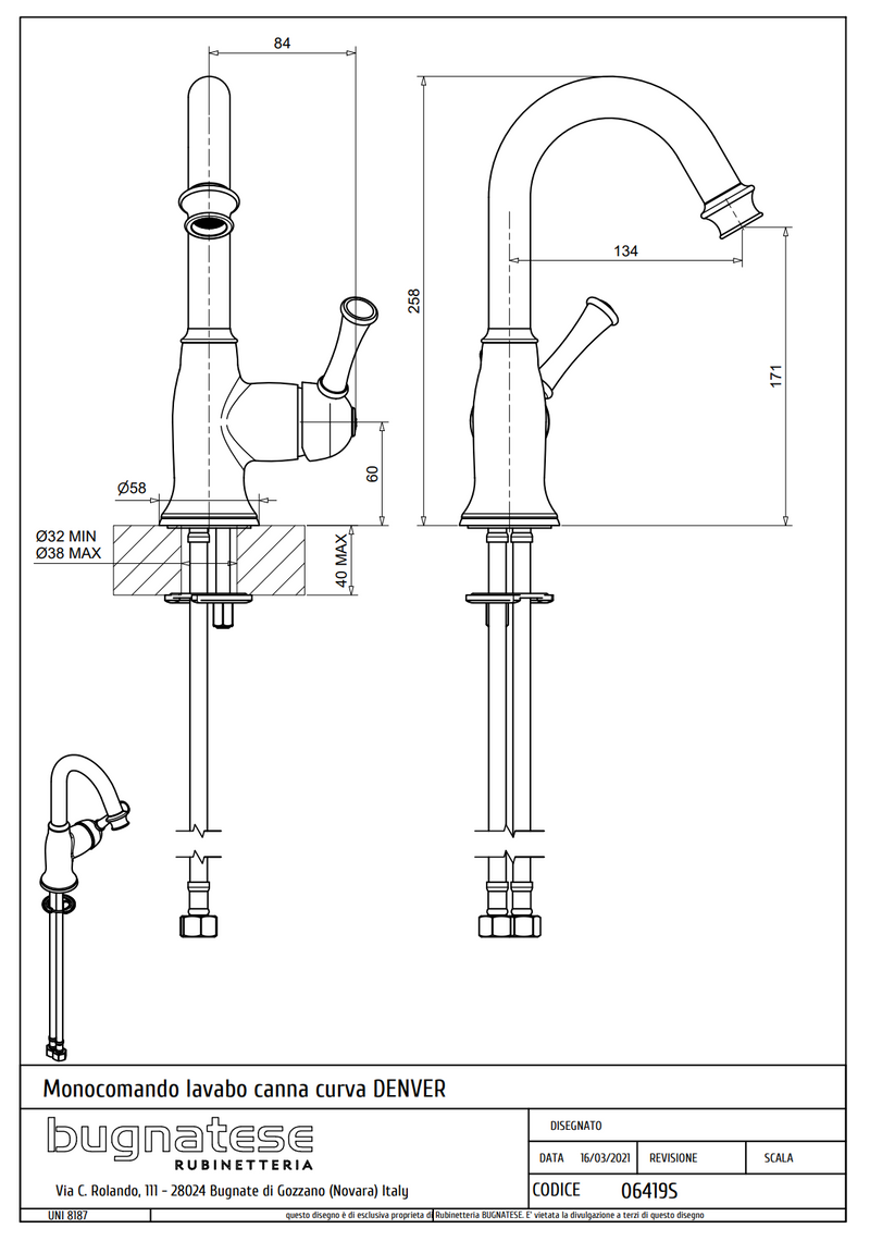 Technical Drawing for Bugnatese, Denver, Magas mosdócsaptelep klikk-klakk leeresztővel – Fürdő – 6419SC