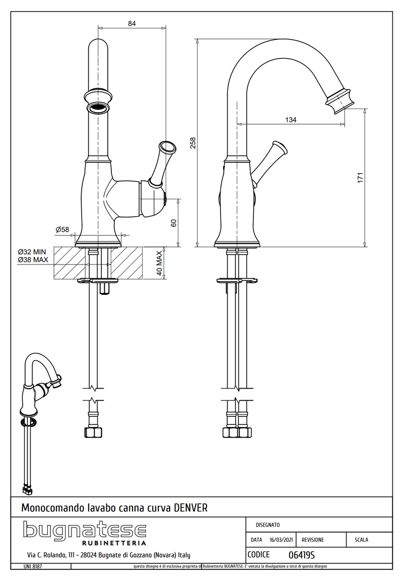 Technical Drawing for Bugnatese, Denver, Magas mosdócsaptelep leeresztő nélkül– Fürdő – 6419S