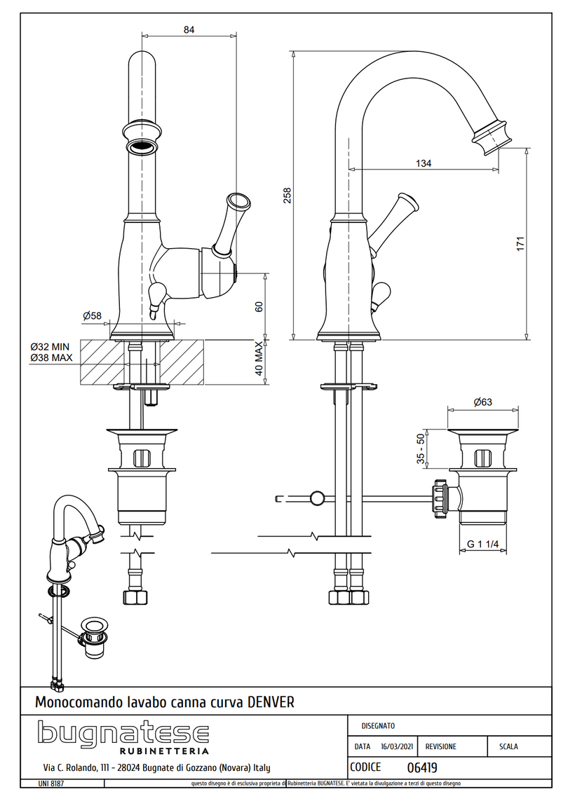 Technical Drawing for Bugnatese, Denver, Magas mosdócsaptelep leeresztővel – Fürdő – 6419