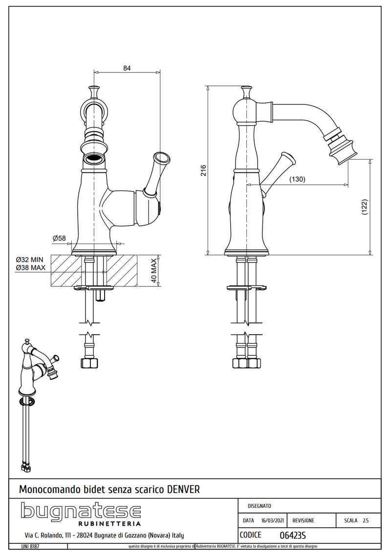 Technical Drawing for Bugnatese, Denver, Bidet csaptelep leeresztő nélkül – Fürdő – 6423S