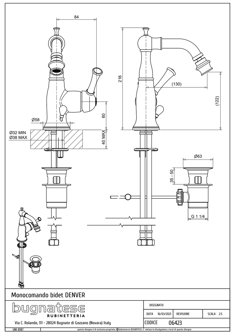 Technical Drawing for Bugnatese, Denver, Bidet csaptelep leeresztővel – Fürdő – 6423