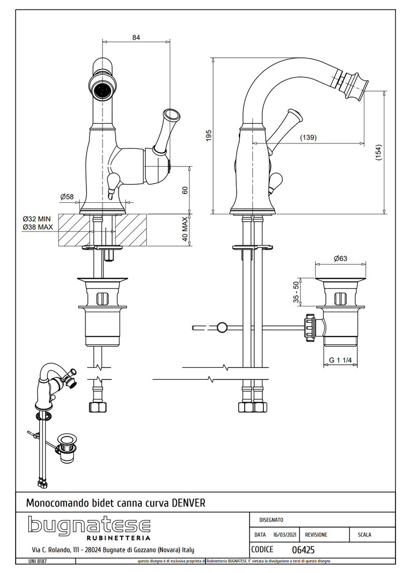 Technical Drawing for Bugnatese, Denver,  Bidet csaptelep leeresztővel – Fürdő – 6425