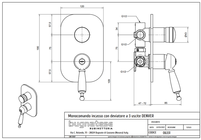 Technical Drawing for Bugnatese, Denver,  Fal alatti 3 állású zuhanycsaptelep – Fürdő – 6431