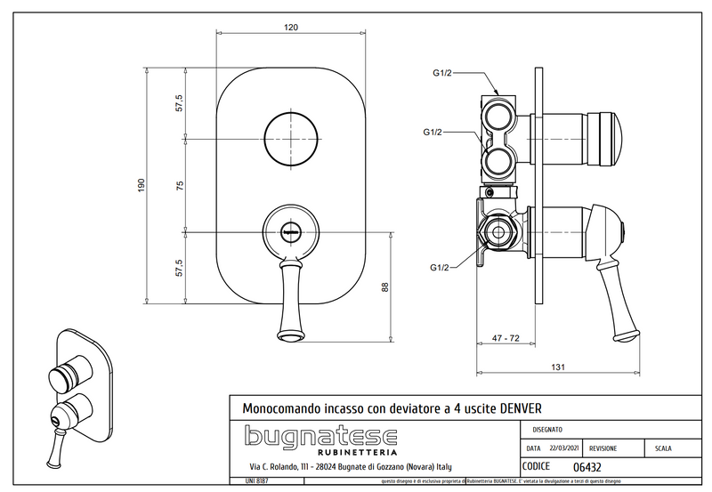 Technical Drawing for Bugnatese, Denver,  Fal alatti 4 állású zuhanycsaptelep – Fürdő – 6432