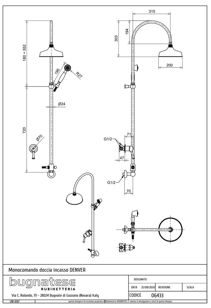 Technical Drawing for Bugnatese, Denver, Esőztető rendszer falon kívül, fal alatti kezelővel – Fürdő – 6433