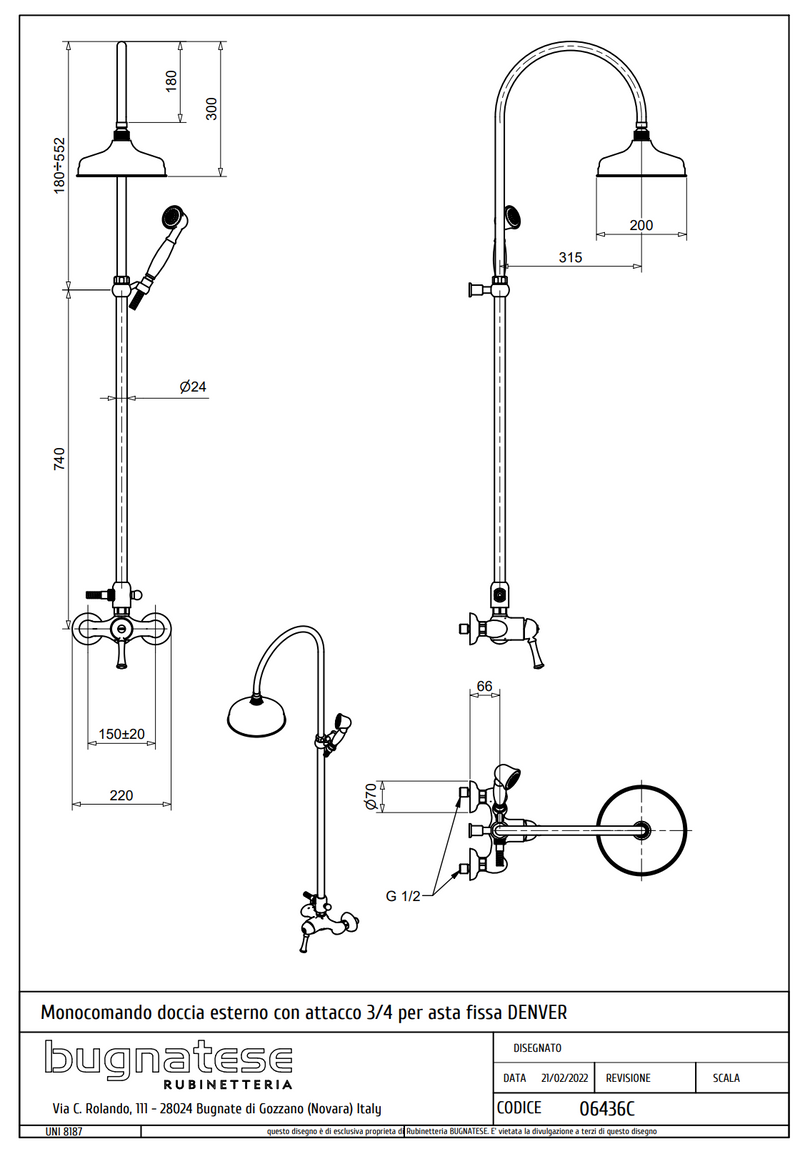 Technical Drawing for Bugnatese, Denver, Esőztető rendszer fej- és kézizuhannyal – Fürdő – 6436C