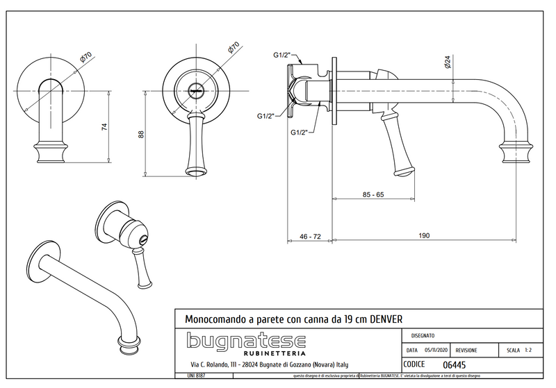 Technical Drawing for Bugnatese, Klasszikus, Fal alatti mosdócsaptelep beépítő egységgel – Fürdő – 6445