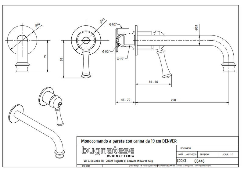 Technical Drawing for Bugnatese, Denver, Klasszikus, Fal alatti mosdócsaptelep beépítő egységgel – Fürdő – 6446
