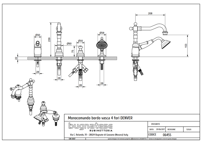 Technical Drawing for Bugnatese, Denver,  Peremre szerelhető 4 üléses kádcsaptelep – Fürdő – 6455