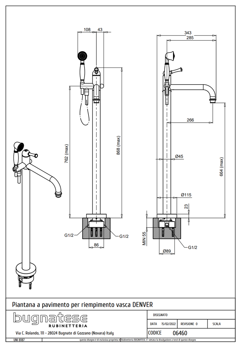 Technical Drawing for Bugnatese, Szabadonálló kádcsaptelep beépítő egységgel – Fürdő – 6460
