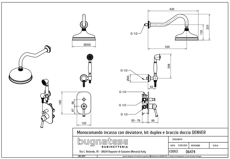 Technical Drawing for Bugnatese, Denver, Fal alatti esőztető kézizuhannyal – Fürdő – 6474