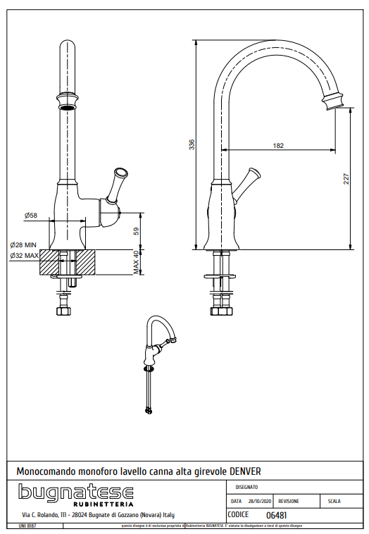 Technical Drawing for Bugnatese, Denver, Klasszikus, Álló konyhai csaptelep – Konyha – 6481