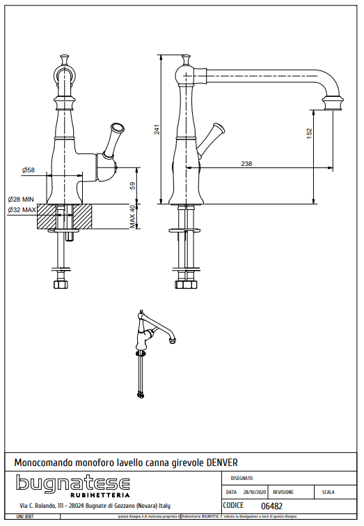 Technical Drawing for Bugnatese, Denver,Klasszikus, Álló konyhai csaptelep leeresztővel – Konyha – 6482