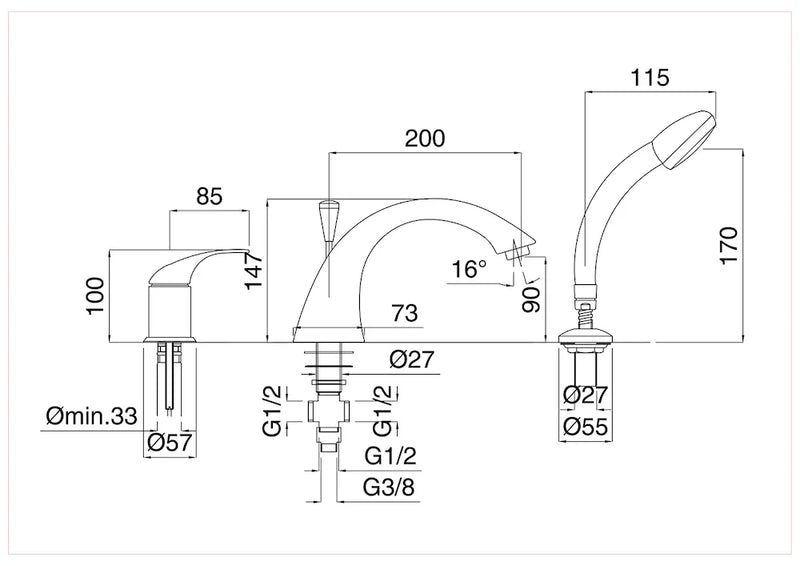Technical Drawing for Bugnatese, Xara, 3 üléses kád csaptelep – Fürdő – 6550