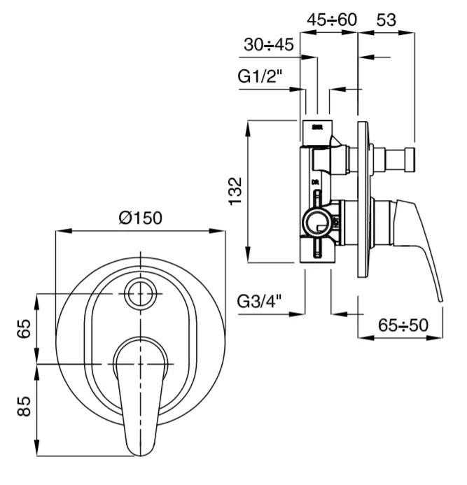 Technical Drawing for Bugnatese, Xara, Fal alatti váltós zuhanycsaptelep – Fürdő – 6572