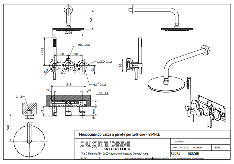 Technical Drawing for Bugnatese, Fal alatti zuhanycsaptelep kézizuhannyal és esőztetőfejjel – Fürdő – 6601H