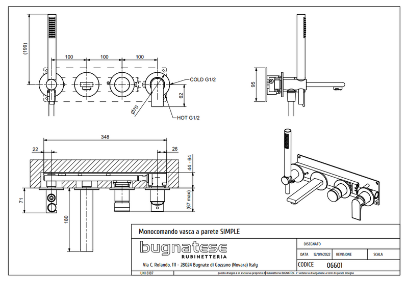 Technical Drawing for Bugnatese, Fal alatti kádcsaptelep kézizuhannyal – Fürdő – 6601