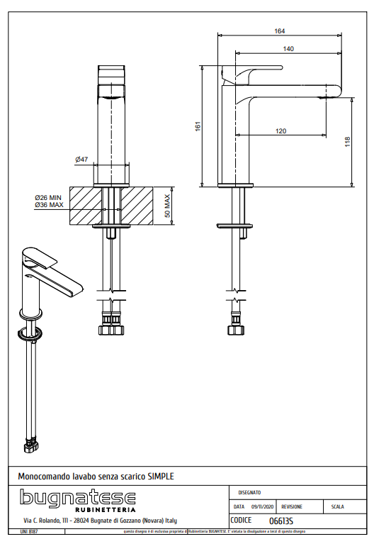 Technical Drawing for Bugnatese, SIMPLE Mosdócsaptelep klikk-klakk leeresztővel – Fürdő – 6613SC