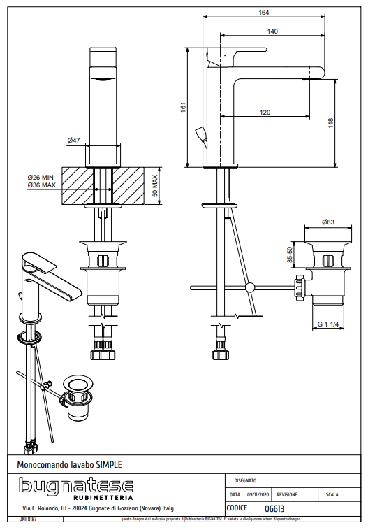 Technical Drawing for Bugnatese, SIMPLE Mosdócsaptelep leeresztővel– Fürdő – 6613