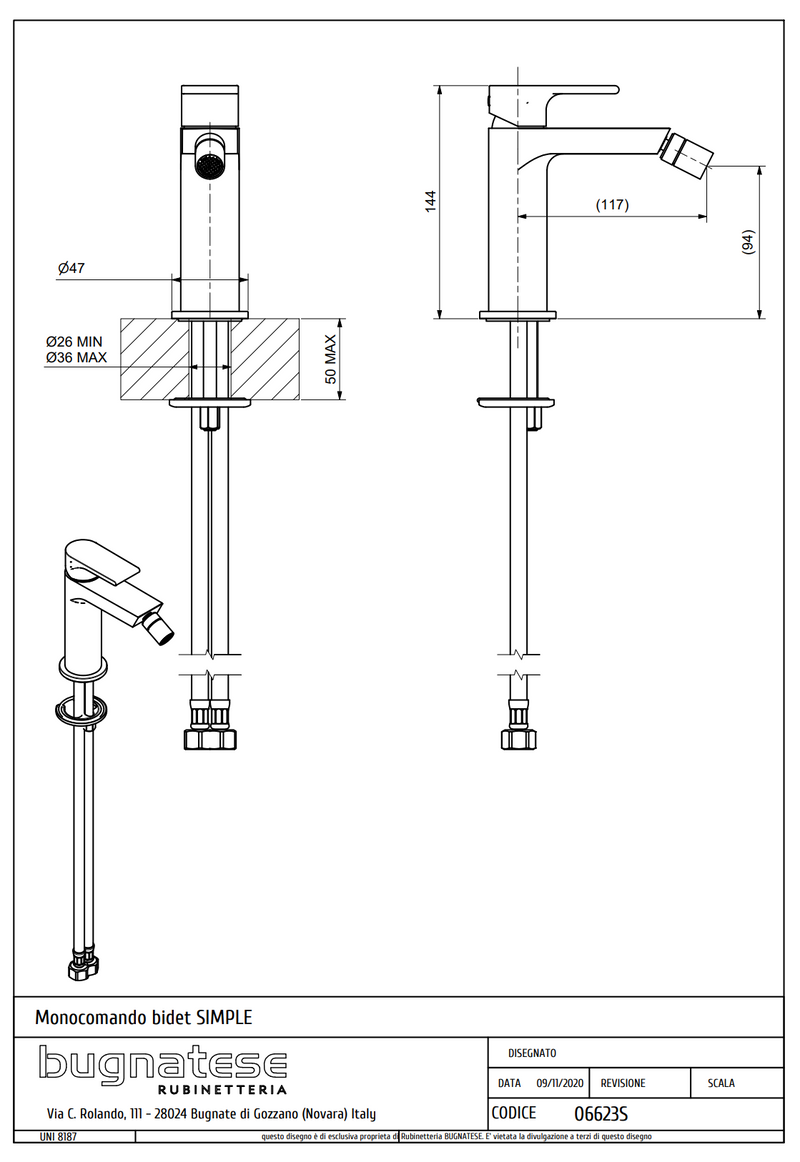 Technical Drawing for Bugnatese, Simple bide csaptelep leeresztővel– Fürdő – 6623