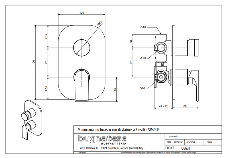 Technical Drawing for Bugnatese, Simple Fal alatti váltós zuhanycsaptelep - Fürdő - 6631