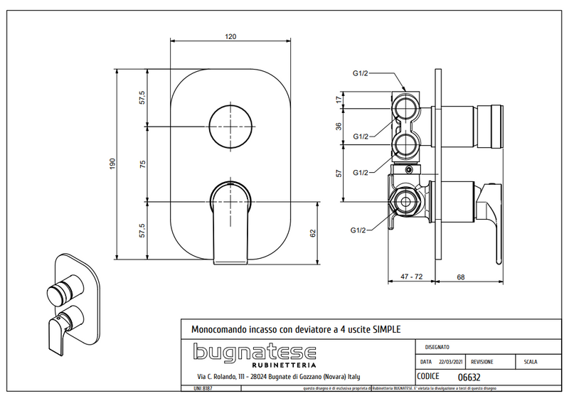 Technical Drawing for Bugnatese, Simple Fal alatti váltós zuhanycsaptelep - Fürdő - 6632