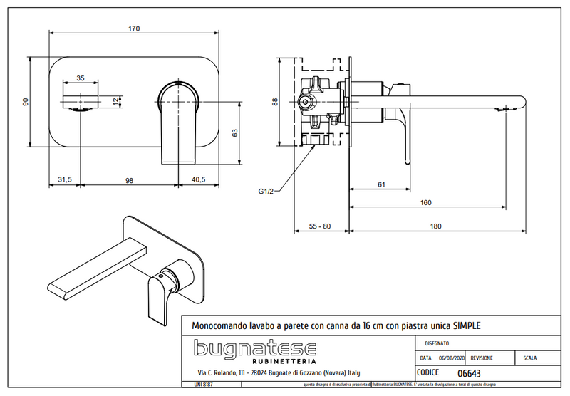 Technical Drawing for Bugnatese, Simple Fal alatti mosdócsaptelep beépítő egységgel – Fürdő – 6643