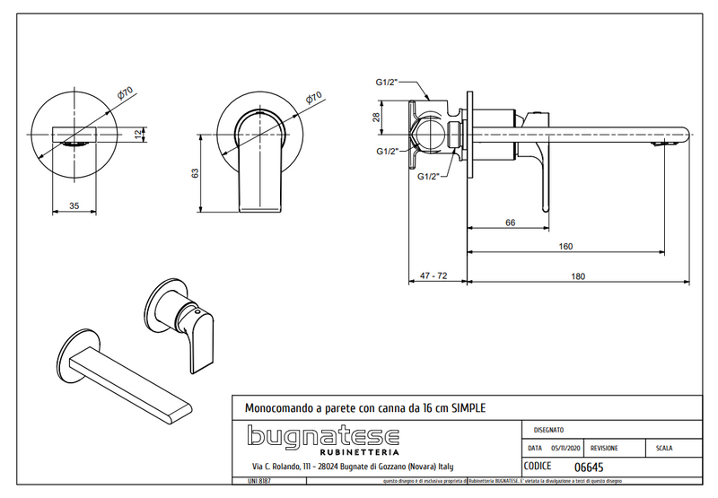 Technical Drawing for Bugnatese, Simple Fal alatti mosdócsaptelep beépítő egységgel – Fürdő – 6645SC