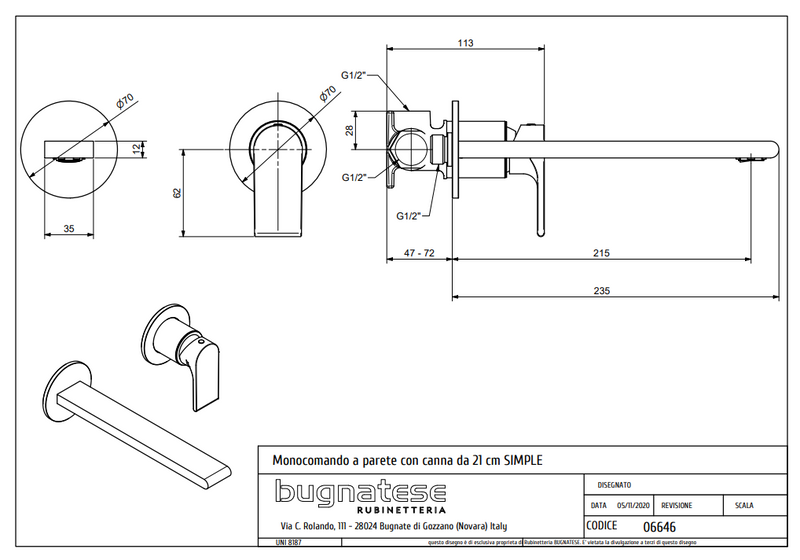 Technical Drawing for Bugnatese, Simple Fal alatti mosdócsaptelep klikk-klakk lefolyóval, beépítő egységgel – Fürdő – 6646SC