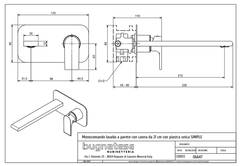 Technical Drawing for Bugnatese, Simple Fal alatti mosdócsaptelep beépítő egységgel – Fürdő – 6647