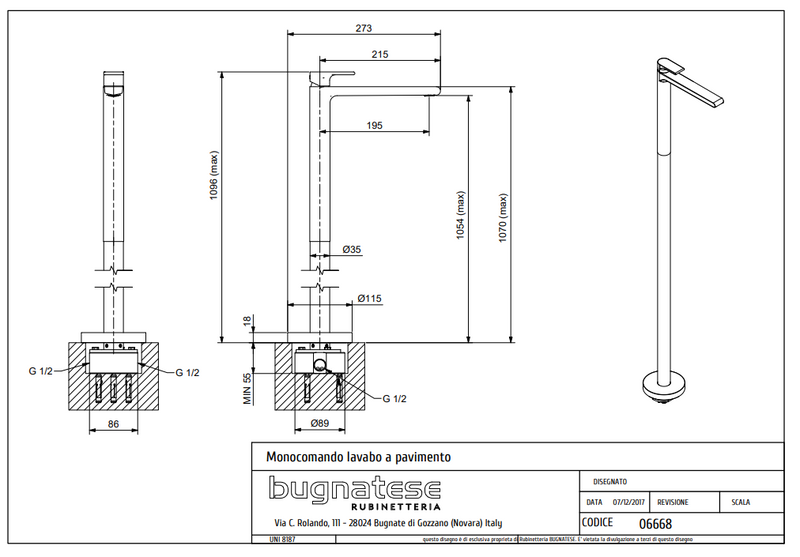 Technical Drawing for Bugnatese (Simple) Szabadonálló mosdócsaptelep (Fürdő) (Beépítő egységgel) – 6668