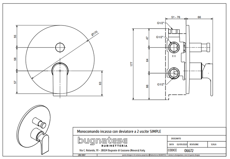 Technical Drawing for Bugnatese, Simple Fal alatti váltós zuhanycsaptelep - Fürdő - 6672