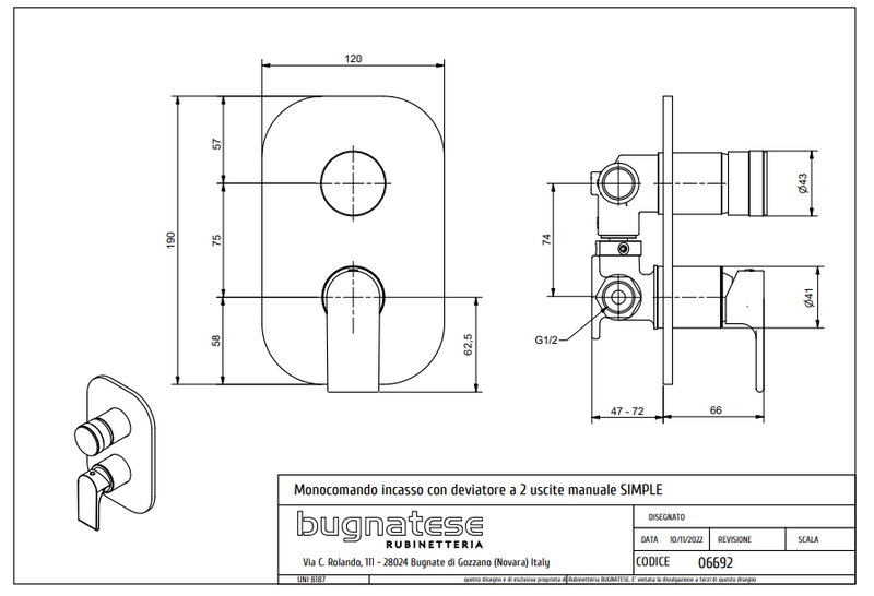 Technical Drawing for Bugnatese, Simple Fal alatti váltós zuhanycsaptelep - Fürdő - 6692
