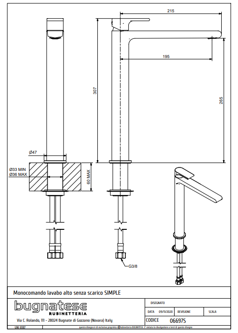 Technical Drawing for Bugnatese, SIMPLE Magas mosdó csaptelep klikk-klakk leeresztővel – Fürdő – 6697SC