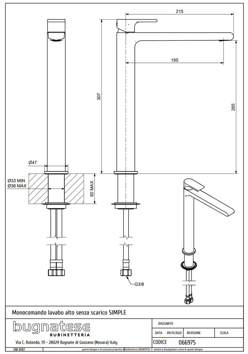 Technical Drawing for Bugnatese, Simple bide csaptelep leeresztő nélkül– Fürdő – 6623S